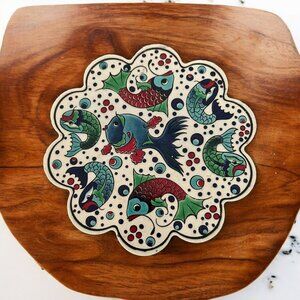 Trivet Turkish Handmade Ceramic Kitchen Hot Plate Fun Colorful Fish Ceramia